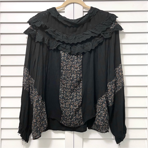 Anthropologie Pol Ruffle Collar Blouse Long Sleeve Black Oversized Size Large - Picture 2 of 11